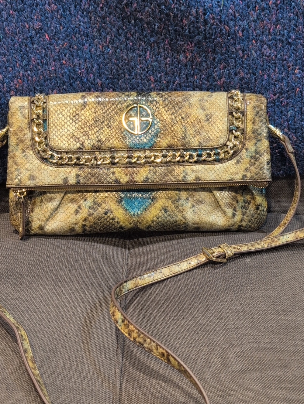 Giani Bini Browns And Blue Python-Print Fold Over Crossbody Bag